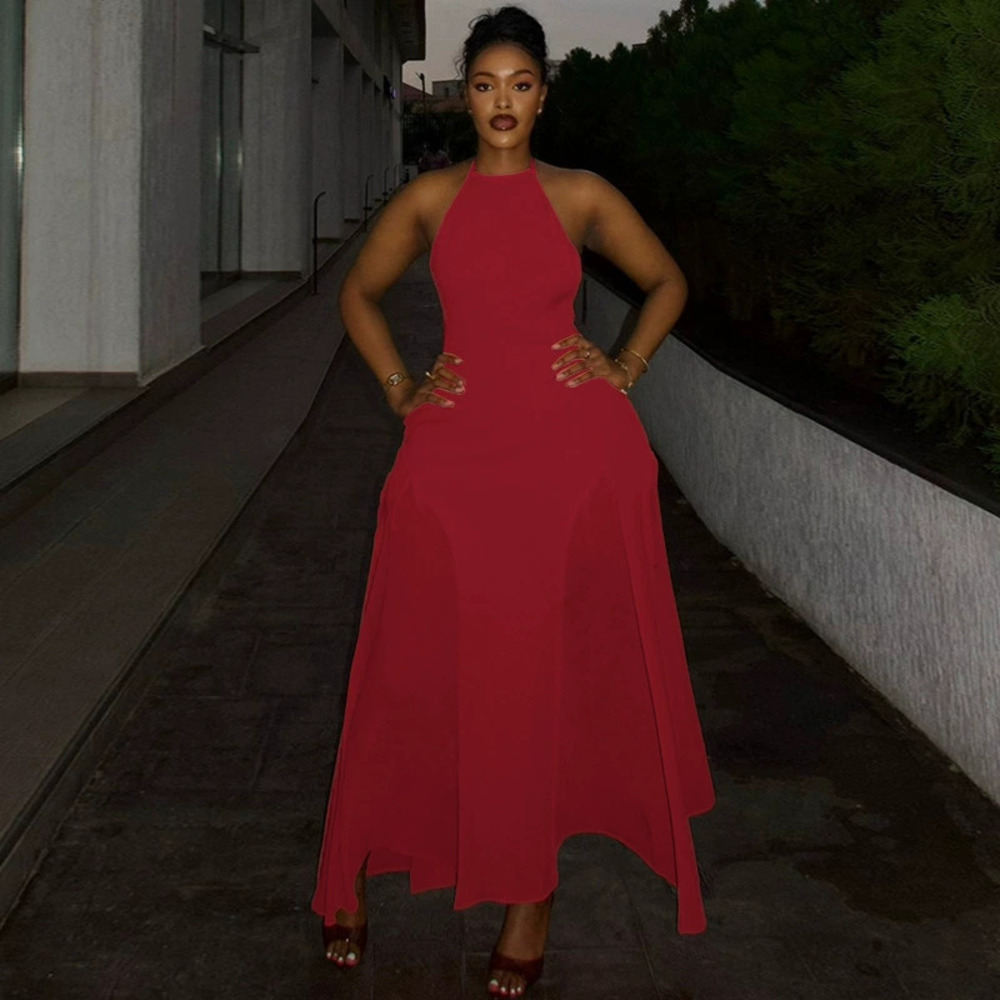 ZARA Chic Solid Color Crew Neck Waisted Backless Tie Halter Long A Line Dress